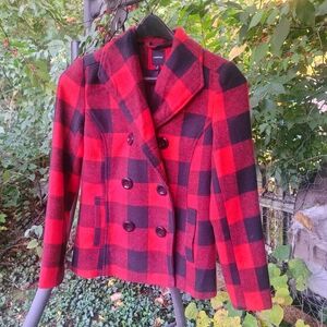 Forever 21 Red and Black Plaid Pea Coat